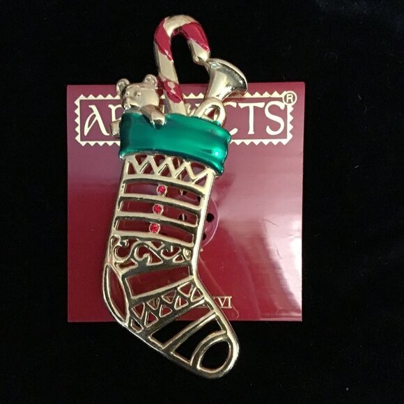 Vintage Signed JJ Goldtone Rhinestone Openwork Large Christmas Stocking Brooch - Picture 1 of 6